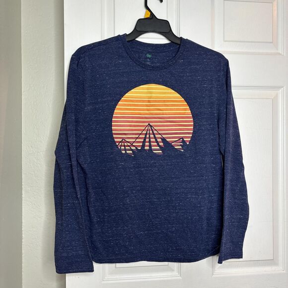 Dip Tops - Dip XL Navy Blue Long Sleeve Mountain Sunset Graphic T-Shirt